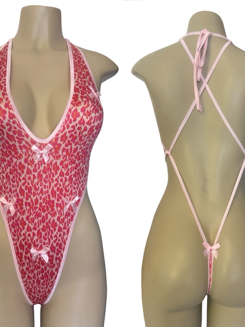 Hot Pink Leopard Print Strappy Teddy w/ bows